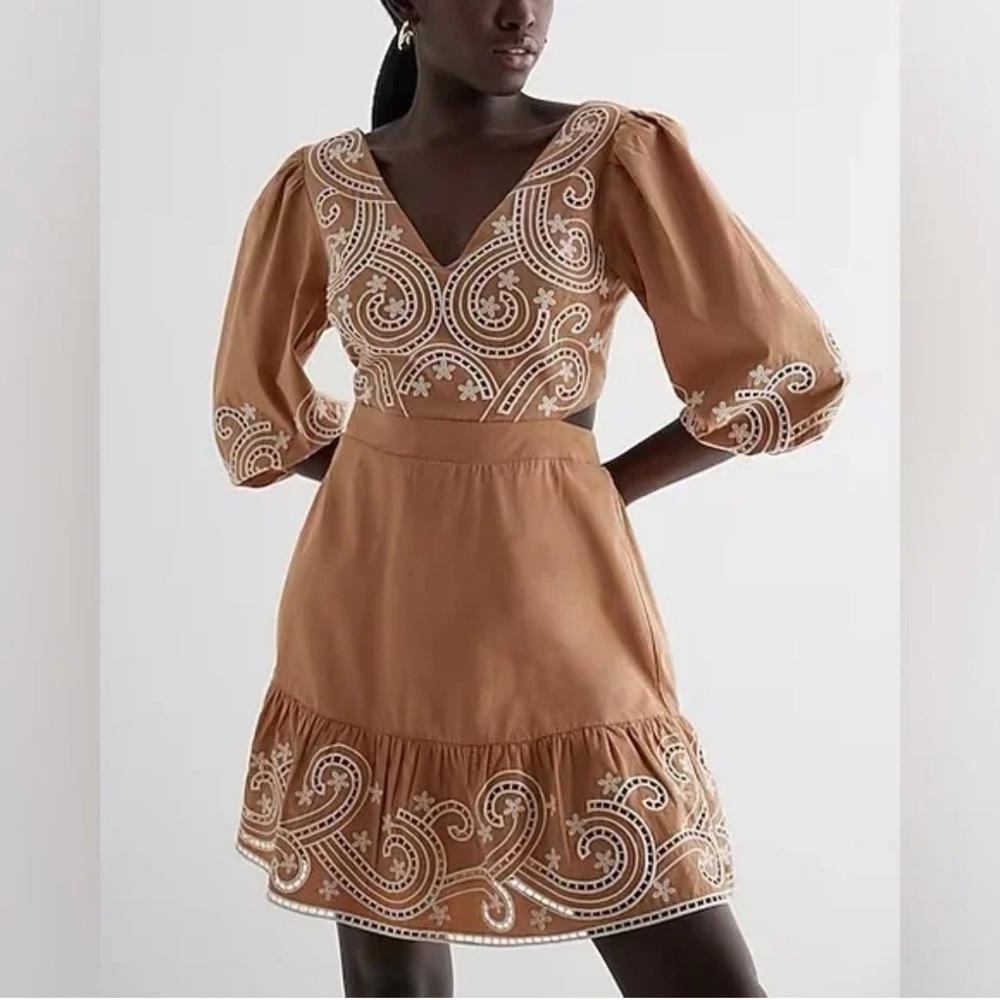 Express Tan Embroidered Mini Dress